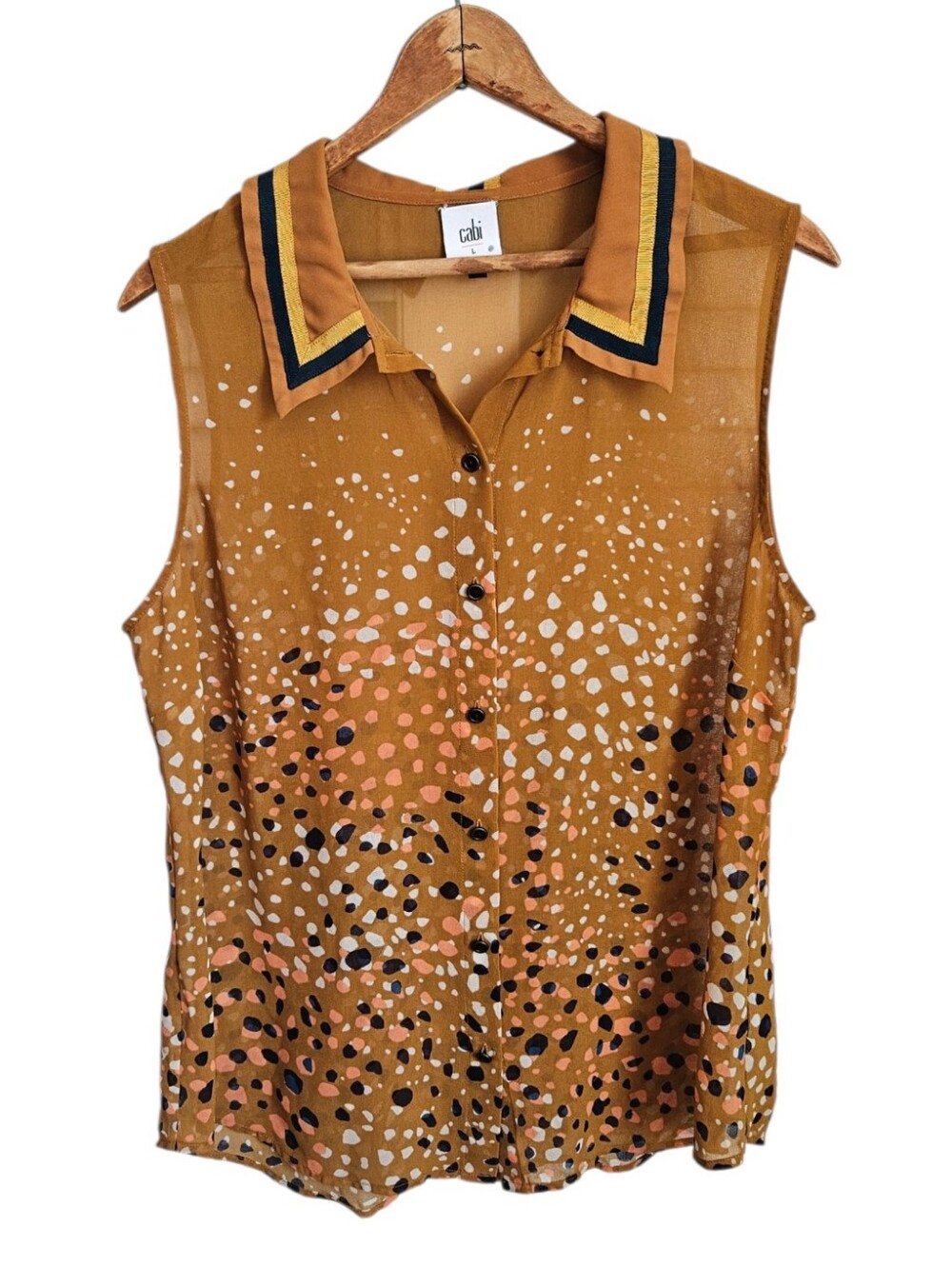 CAbi Cheers Sleeveless Button-Front Blouse with Contrast Collar Trim, Large